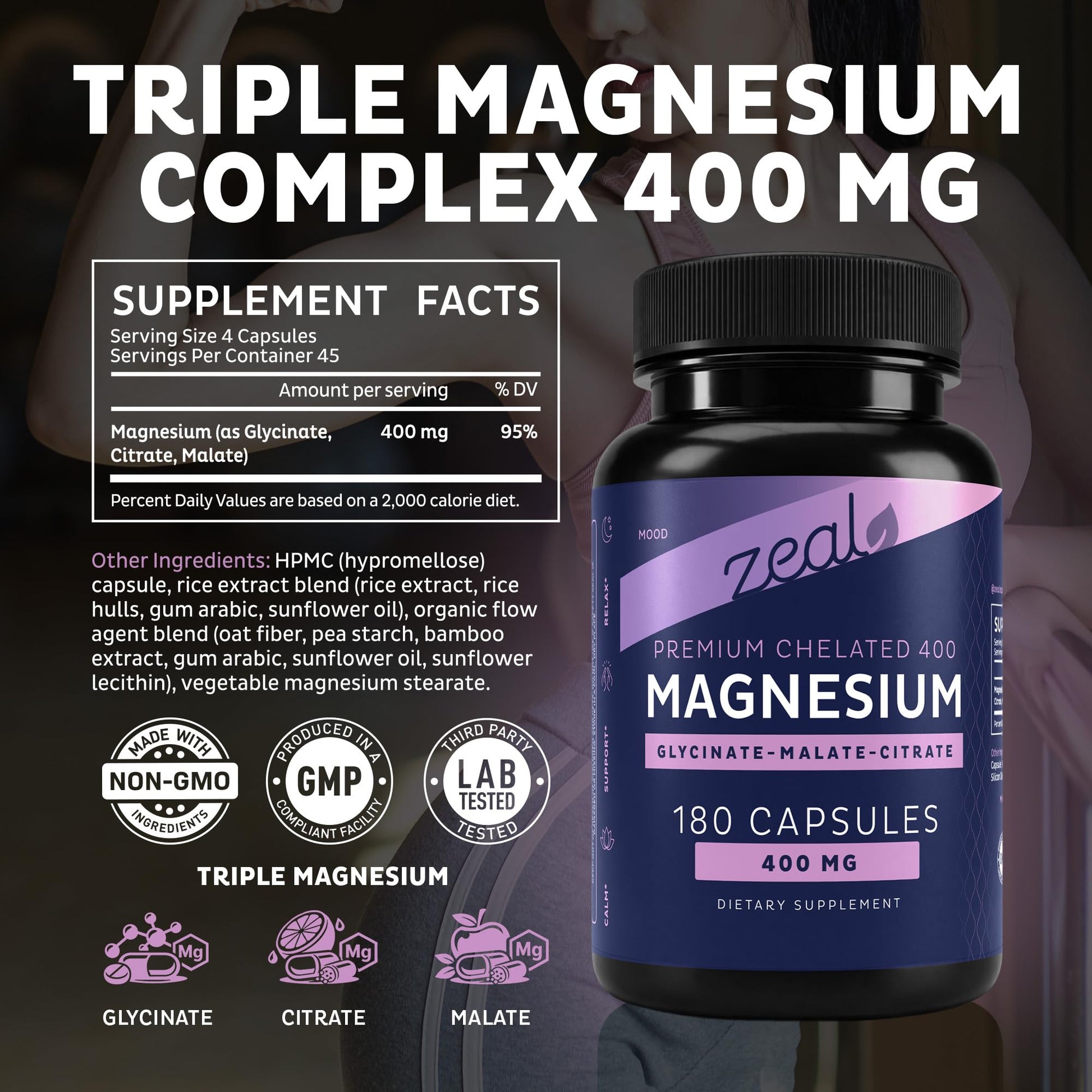 Zeal Naturals Triple Magnesium Complex Supplement - Glycinate, Malate, Citrate | 400mg, 180 Capsules | High Absorption Chelated Magnesium for Sleep, Mood, Muscle Recovery, Relaxation Zeal Naturals buy supplements Au