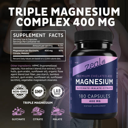 Zeal Naturals Triple Magnesium Complex Supplement - Glycinate, Malate, Citrate | 400mg, 180 Capsules | High Absorption Chelated Magnesium for Sleep, Mood, Muscle Recovery, Relaxation Zeal Naturals buy supplements Au
