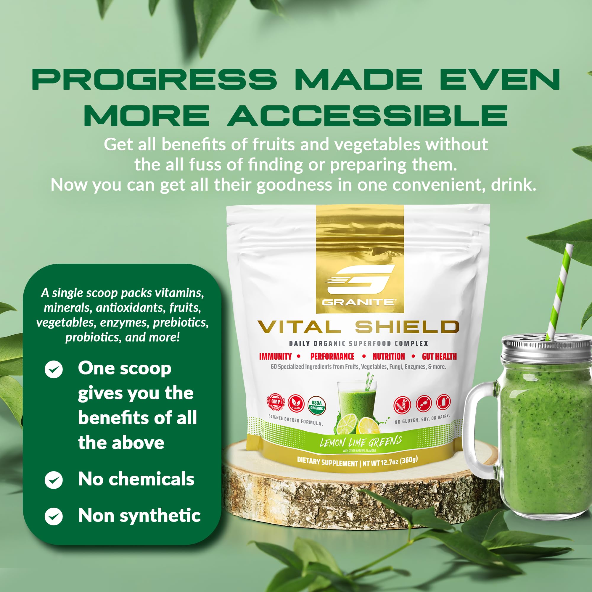 Granite Nutrition Vital Shield - USDA Organic Superfood Greens with Mushrooms & Tart Cherry – Supports Energy, Immune Function & Digestive Health – Lemon Lime Flavor (30 Servings) Granite SupplementsBuy Supplements Australia