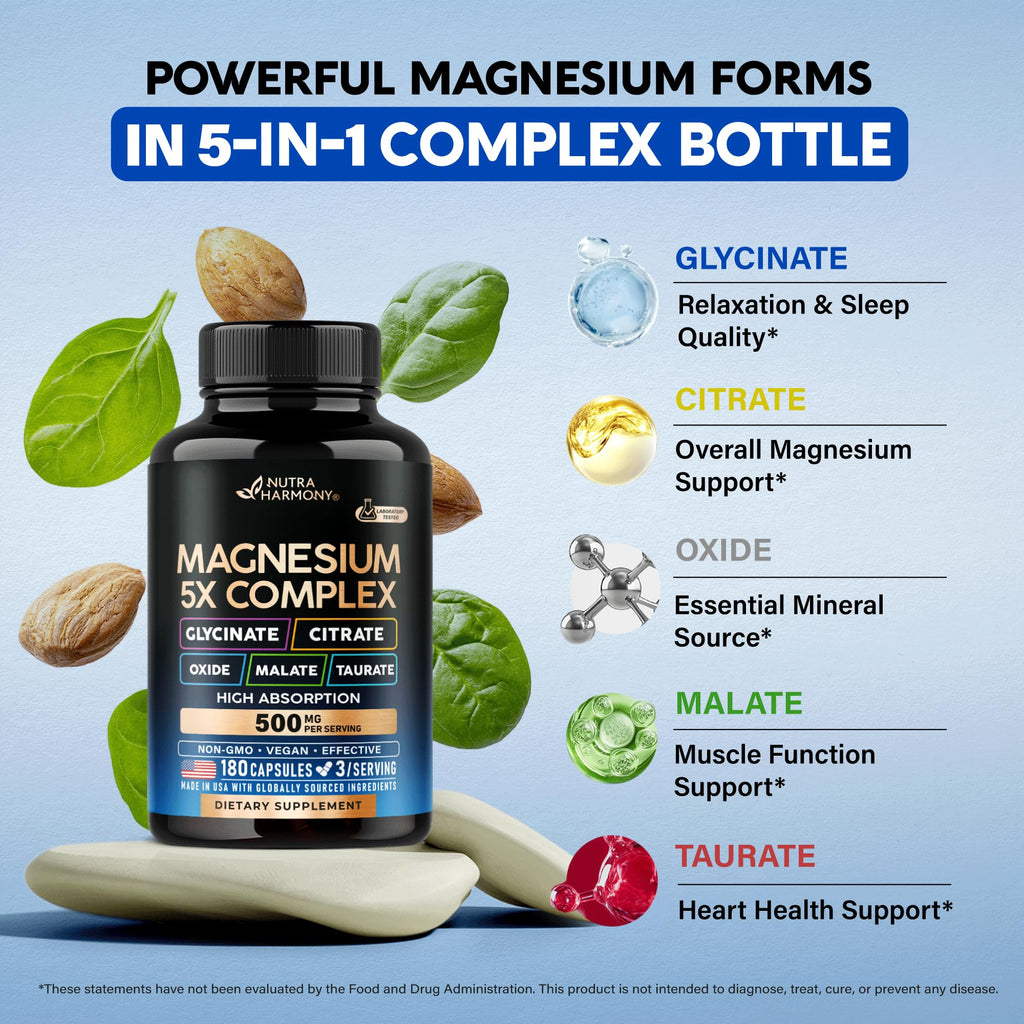 Magnesium Supplement - 5 in 1 Complex | Glycinate | Citrate | Malate | Taurate | Oxide - Made in USA - Stress, Muscle & Heart Support - Vegan, Natural, Non-GMO - 180 Capsules, 2 Month Supply NUTRAHARMONY buy supplements Au