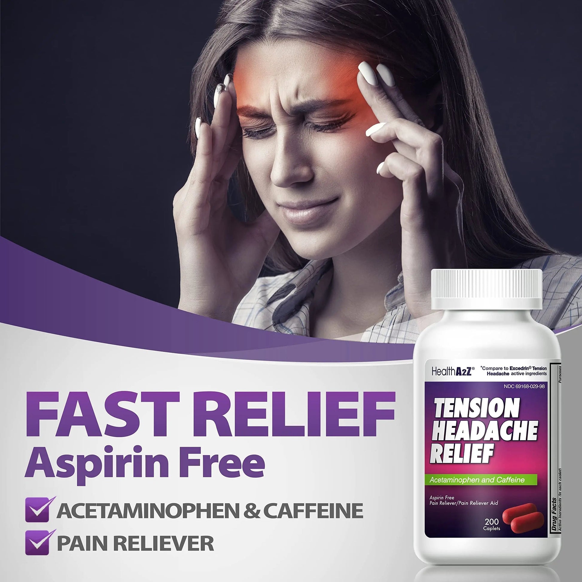 HealthA2Z® Tension Headache Relief | Acetaminophen 500mg | Caffeine 65mg | Pain Reliever Aid | Aspirin Free (200 caplets (Pack of 1)) HealthA2ZBuy Supplements Australia
