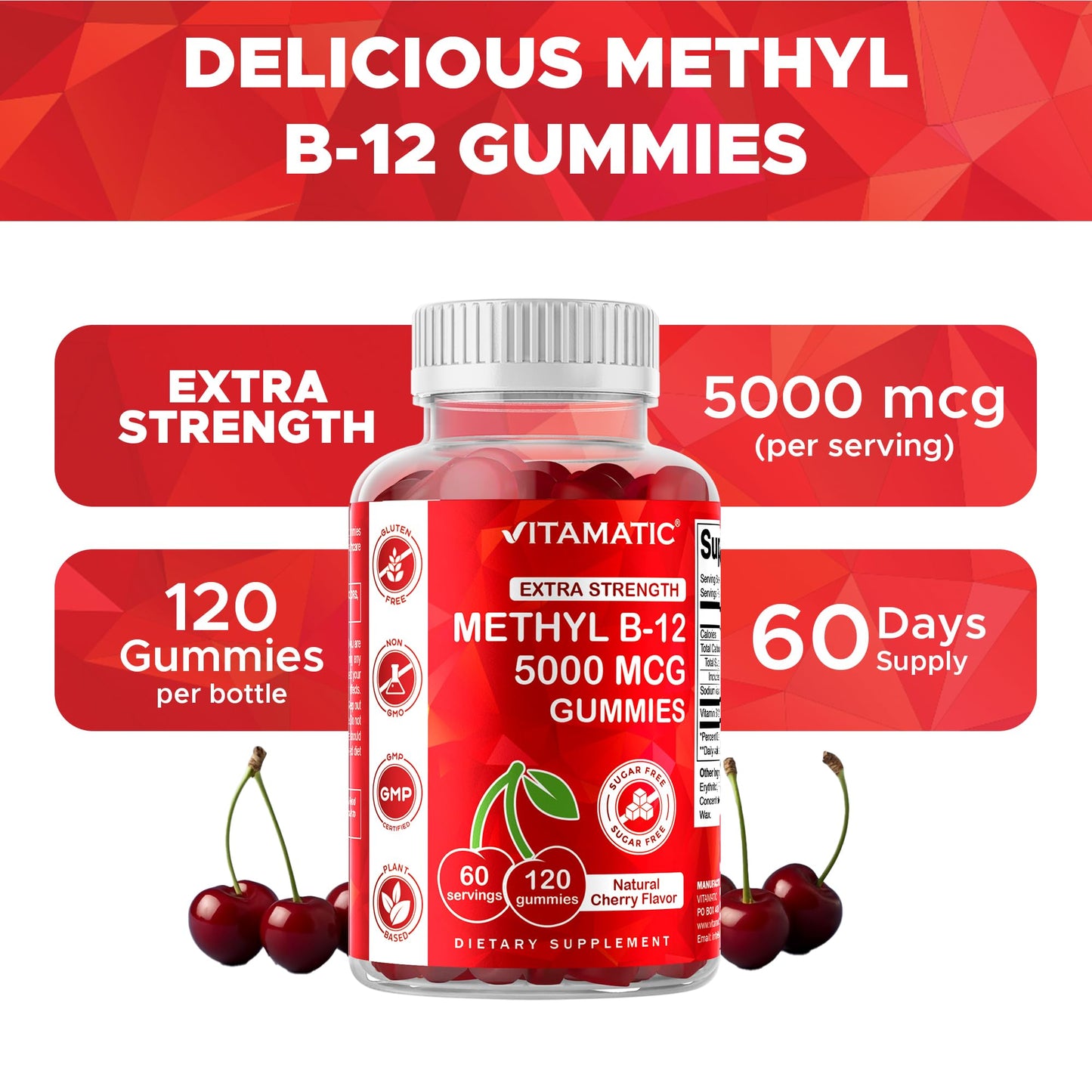 Vitamatic Extra Strength Vitamin B12 5000 mcg (Methyl B12) Gummies - 120 Count - Energy Metabolism Support and Nervous