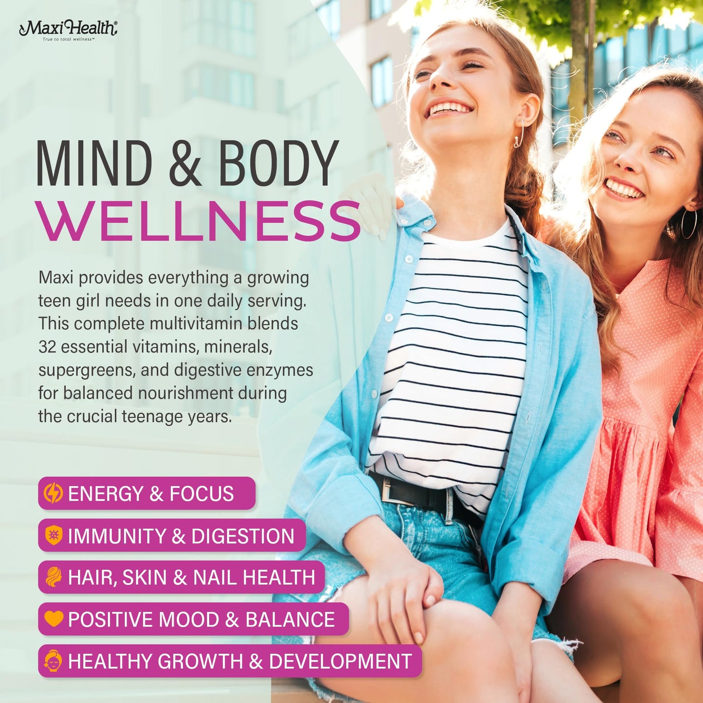 Teen Vitamins for Girls 12-17 - Teen Multivitamin Supreme with D3, Iron, Calcium, Biotin, Digestive Enzymes – Teenager Girl Multi Vitamins for Energy,