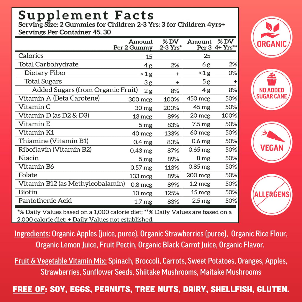 Llama Naturals Kids Multivitamin Gummies | Real Fruit, No Added Sugar Cane | Organic Vegan Toddler Whole Food Vitamins | Vitamin D, C & Beta Carotene Gummy Supplement