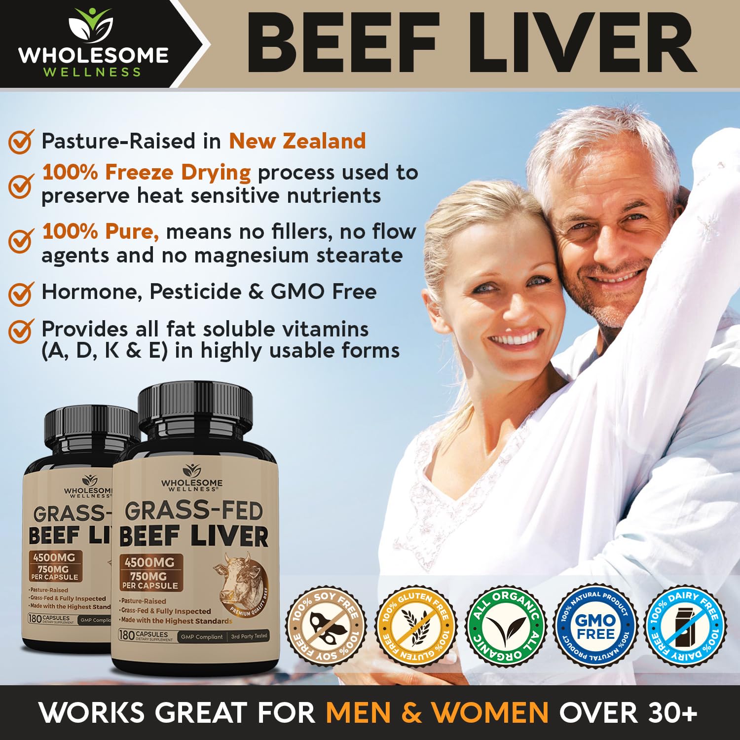 Wholesome Wellness Grass Fed Desiccated Beef Liver Capsules (180 Pills, 750mg Each) - Natural Iron, Vitamin A, B12 for Energy - Raised Undefatted in New Zealand