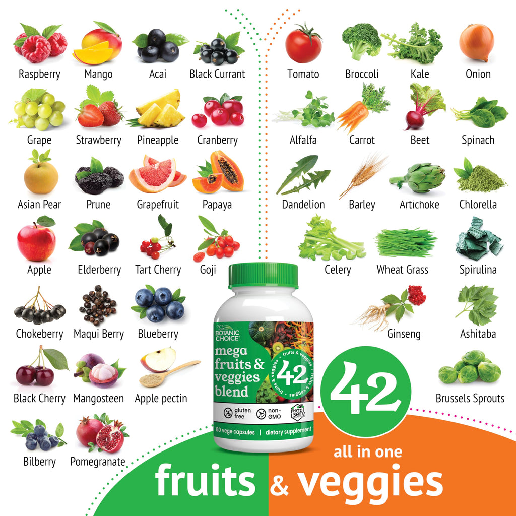 Botanic Choice Since 1910 - Mega Fruits & Veggies Blend - 42 Fruits and Vegetables - 2 Caps Daily - 60 Count Supplement Botanic ChoiceBuy Supplements Australia