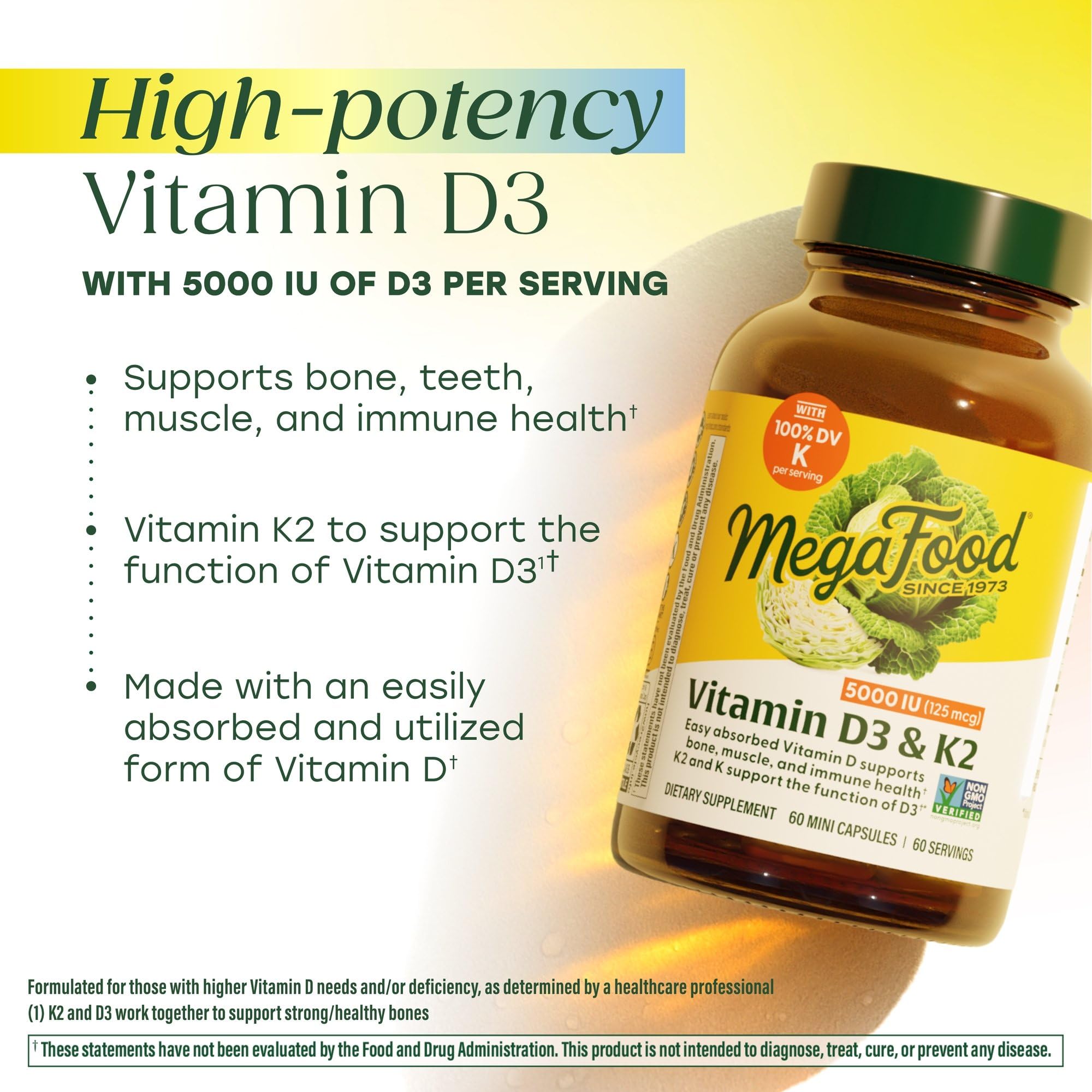 MegaFood Vitamin D3 5000 IU (125 mcg) - Vegetarian Supplements with Vitamin D3 K2 - Supports Bones, Teeth, Muscles & Immune Health - Certified Non-GMO - 120 Mini Capsules, 120 Servings MegaFood buy supplements Au