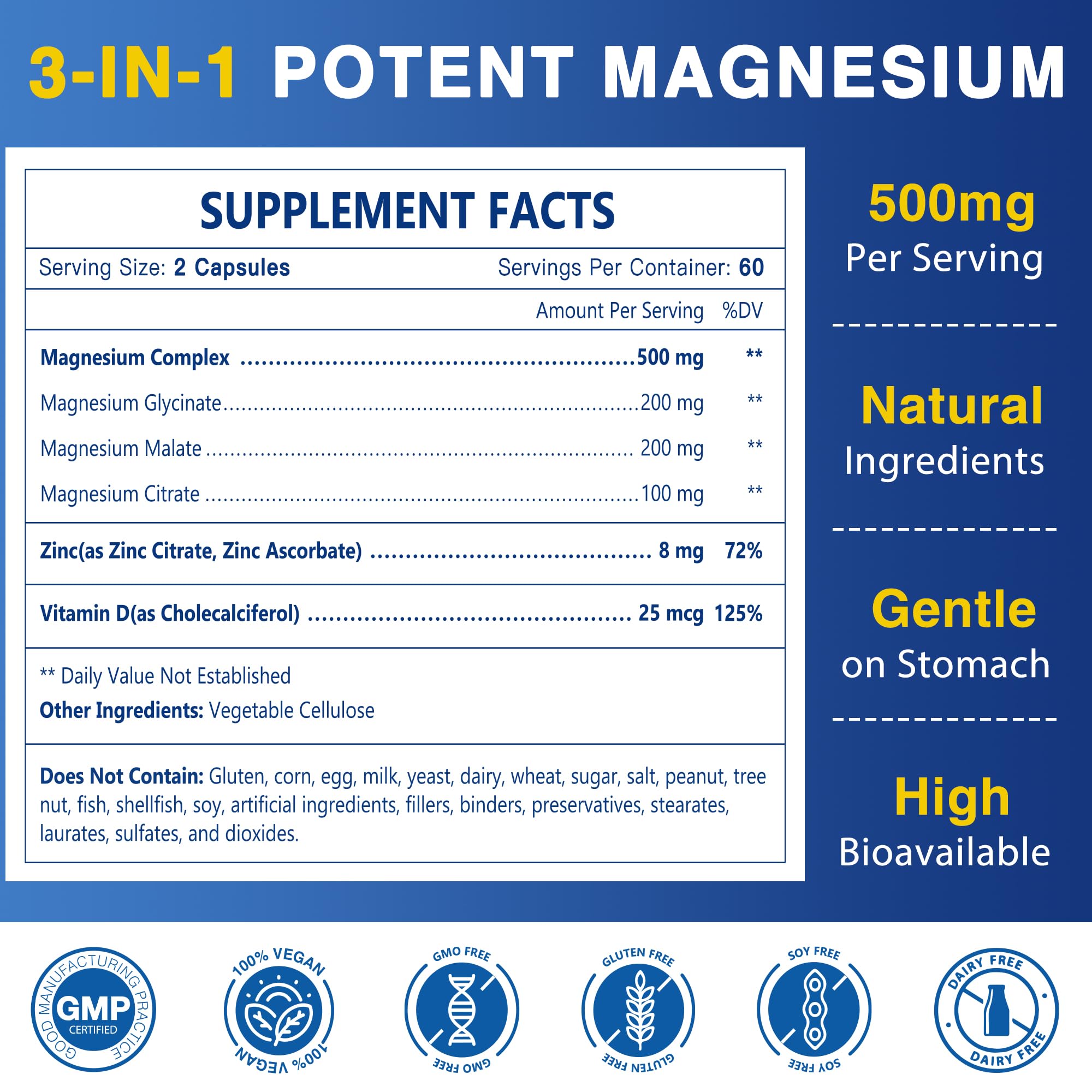Magnesium Complex 500mg, Magnesium Glycinate, Malate & Citrate - High Absorption Chelated Triple Magnesium Supplement with Zinc, Vitamin D3 for Muscle, Nerve, Bone & Immune Support, Vegan 120 Capsules NATURE TARGET buy supplements Au