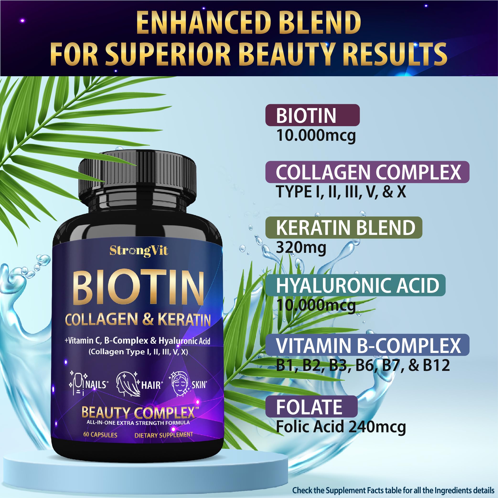 StrongVit Biotin with Hyaluronic Acid, Keratin and Collagen Supplements - 10000mcg for Hair Growth Women and Men