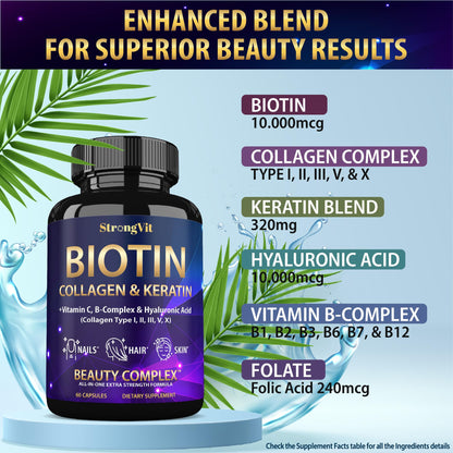 StrongVit Biotin with Hyaluronic Acid, Keratin and Collagen Supplements - 10000mcg for Hair Growth Women and Men