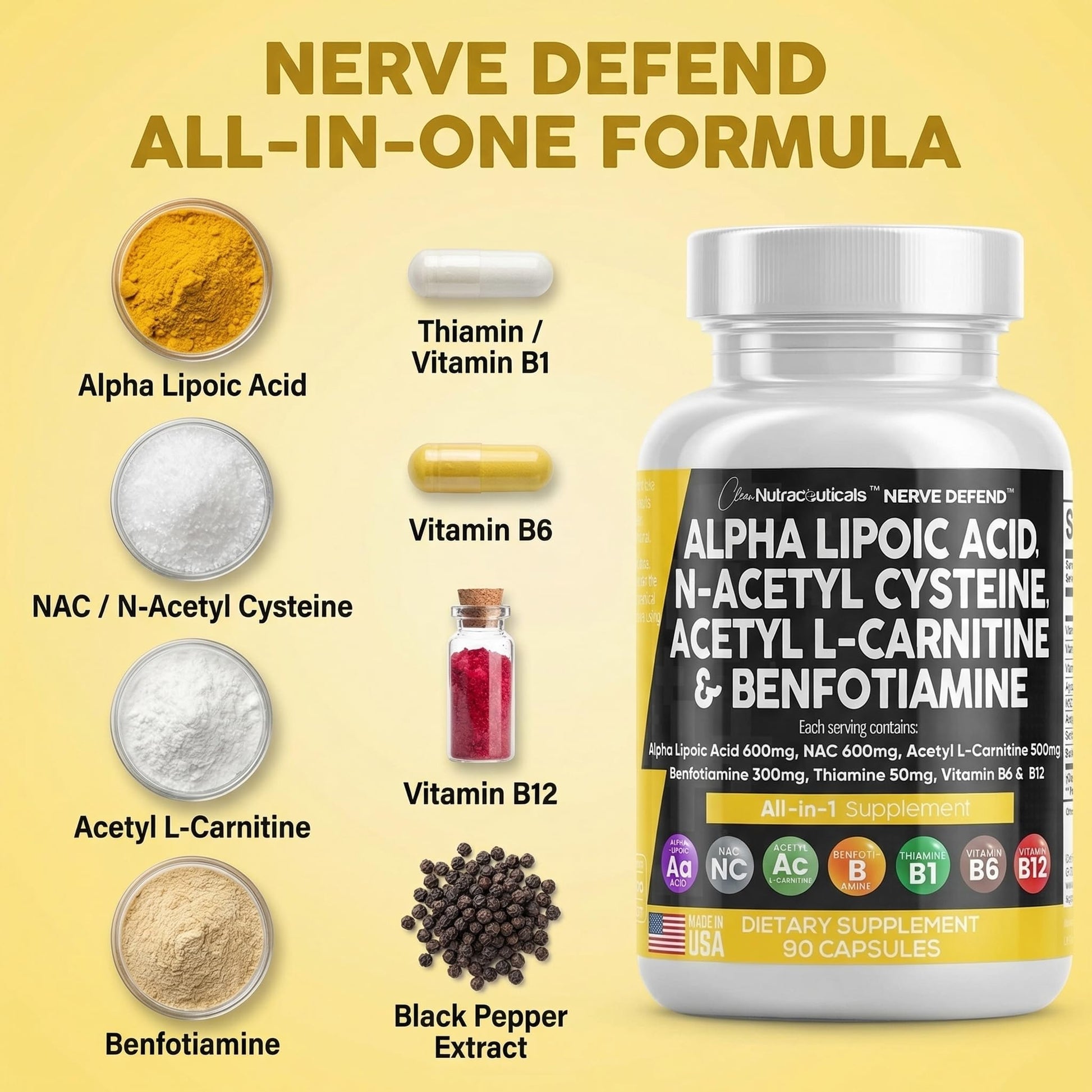 Alpha Lipoic Acid 600mg N-Acetyl Cysteine 600mg Acetyl L-Carnitine 500mg Benfotiamine 300mg - Nerve Support Supplement for Women and Men with Vitamin B1 B6 & B12 - Made in USA 90 Caps Clean NutraceuticalsBuy Supplements Australia