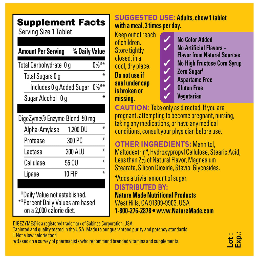 Nature Made Digestive Enzymes 5-in-1 Blend, Digestive Health Support, 90 Chewable Tablets, 30 Day Supply