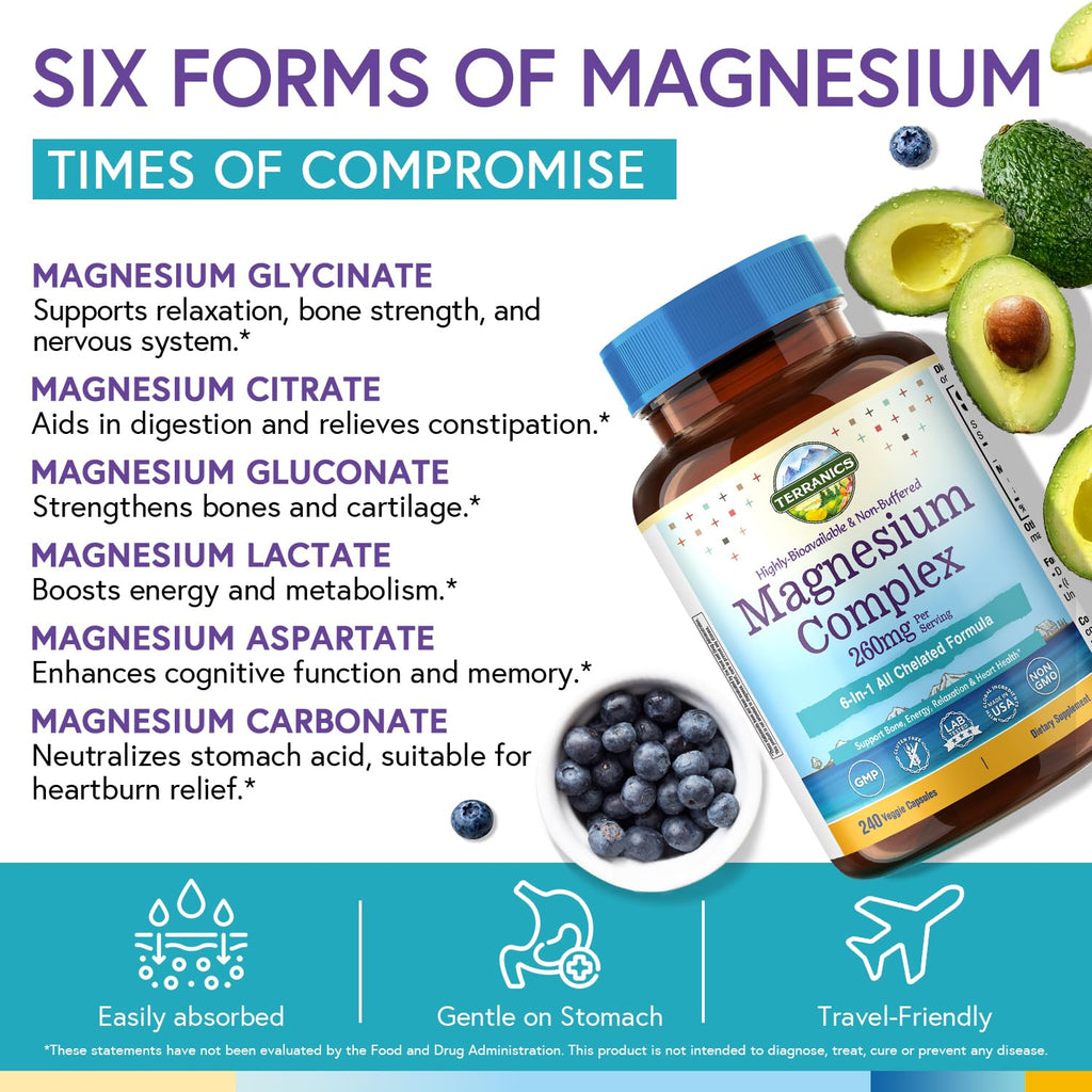Terranics Magnesium Complex, 6-in-1, High Absorption, Glycinate, Citrate, Aspartate, Gluconate, Calmness, Heart, Bone, 240 Capsules, Non-Buffered Terranics buy supplements Au
