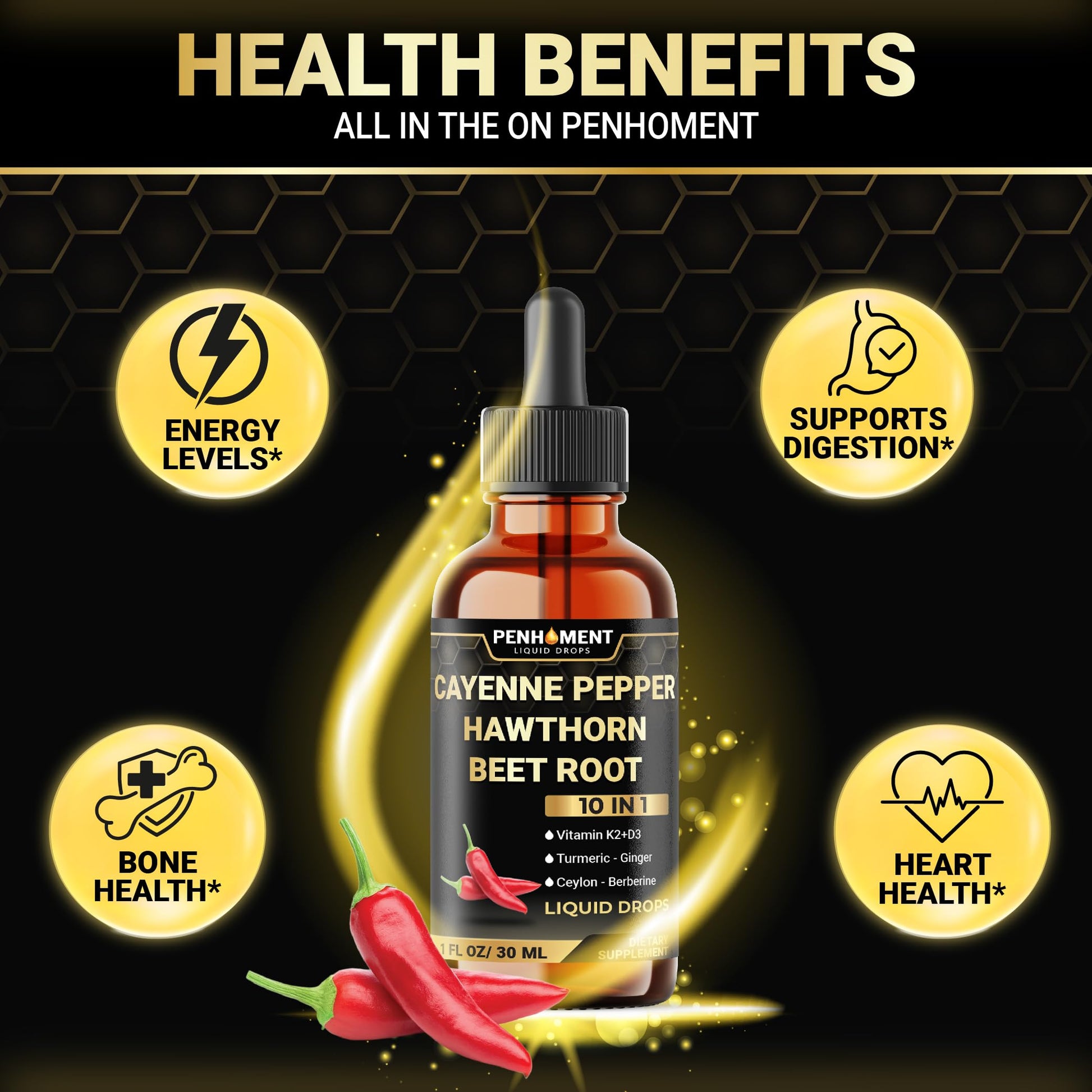 Penhoment 2 Packs - 2700 mg 10in1 Cayenne Pepper Liquid Drops with Hawthorn Berry, Vitamin D3 K2, Beet Root, Ginger Turmeric, Ginger, Ceylon Cinnamon, Berberine, and Ginseng - 2 Months Penhoment buy supplements Au
