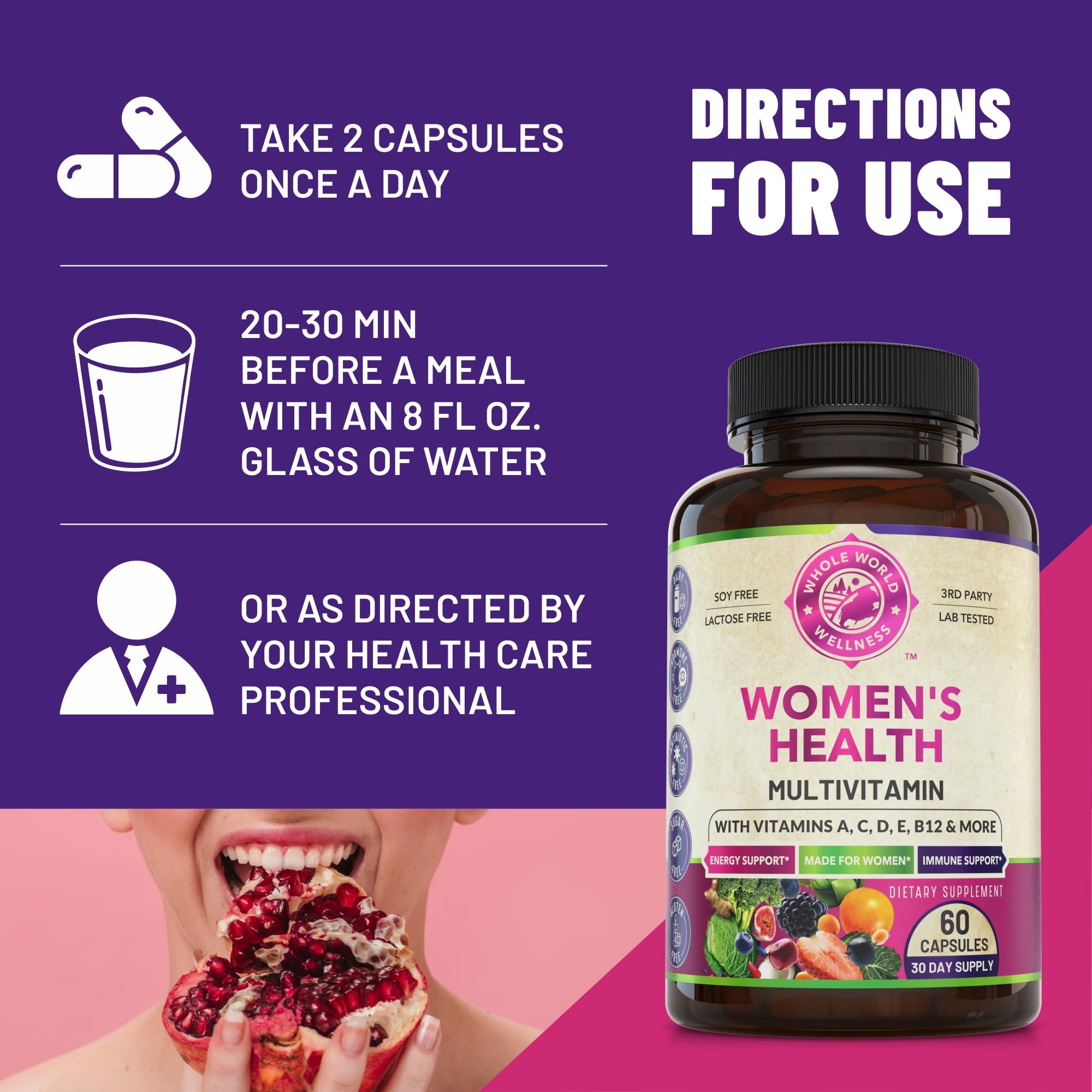 WHOLE WORLD WELLNESS Womens Daily Multivitamin Multimineral Supplement for Energy, Mood, Focus, Hair, Skin & Nails. Made for Women with 30+ Nutrients, Fruit & Energy Blend. Womens Vitamins, USA Made. WHOLE WORLD WELLNESSBuy Supplements Australia