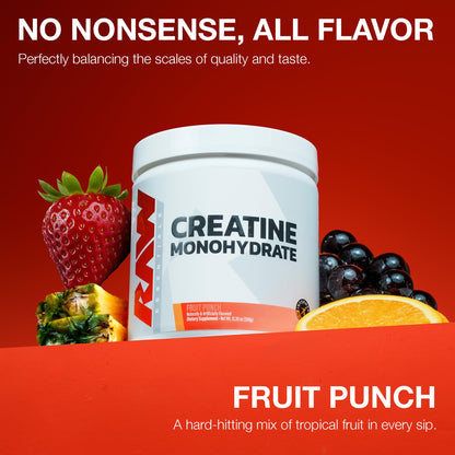 RAW Nutrition Creatine Monohydrate Powder, Fruit Punch (30 Servings) - Micronized Creatine Monohydrate Supplement for Workout Performance, Build Muscle & Strength