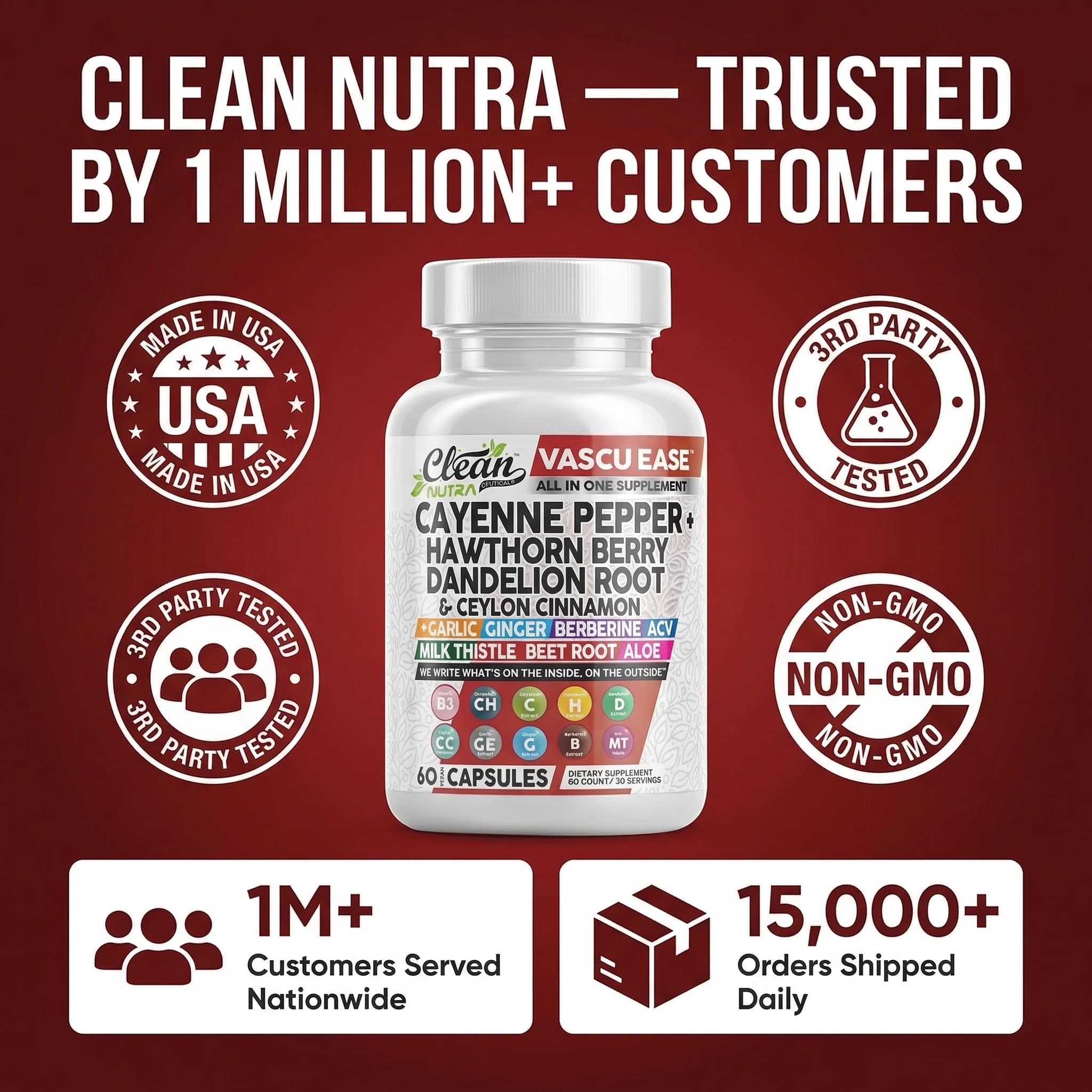 Clean Nutra Cayenne Pepper Capsules Supplement with Hawthorn Berry, Dandelion Root, Ceylon Cinnamon, Garlic, Ginger, Berberine, Apple Cider Vinegar, Milk Thistle, Beet Root, Aloe Vera Pills & More Clean Nutraceuticals buy supplements Au