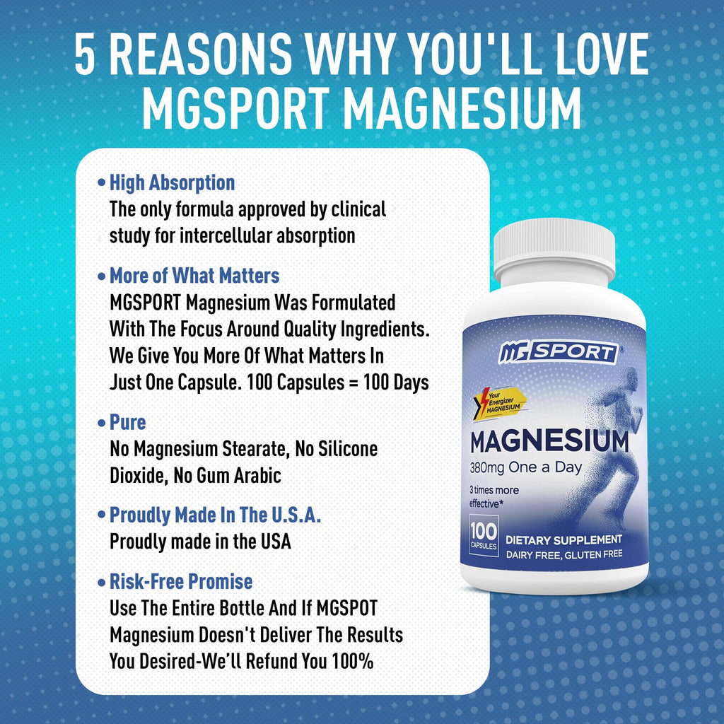 MGSPORT Magnesium Supplement 380mg - High Absorption Magnesium Complex Formula with Vitamins B6, D, E - Supports Muscle Function and Sleep Quality - 100 Servings MgSport buy supplements Au
