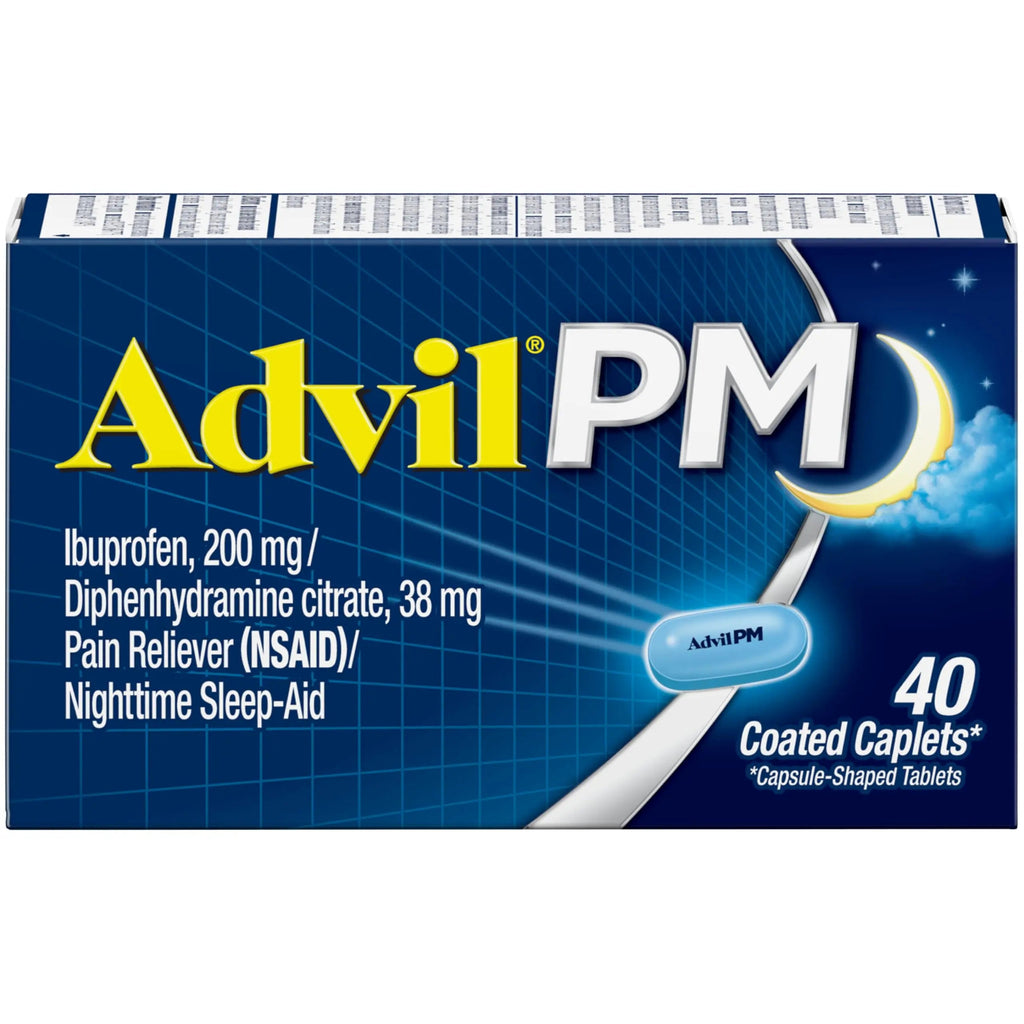 Advil PM Pain Reliever and Nighttime Sleep Aid, Pain Medicine with Ibuprofen for Pain Relief and Diphenhydramine Citrate for a Sleep Aid - 40 Coated Caplets AdvilBuy Supplements Australia