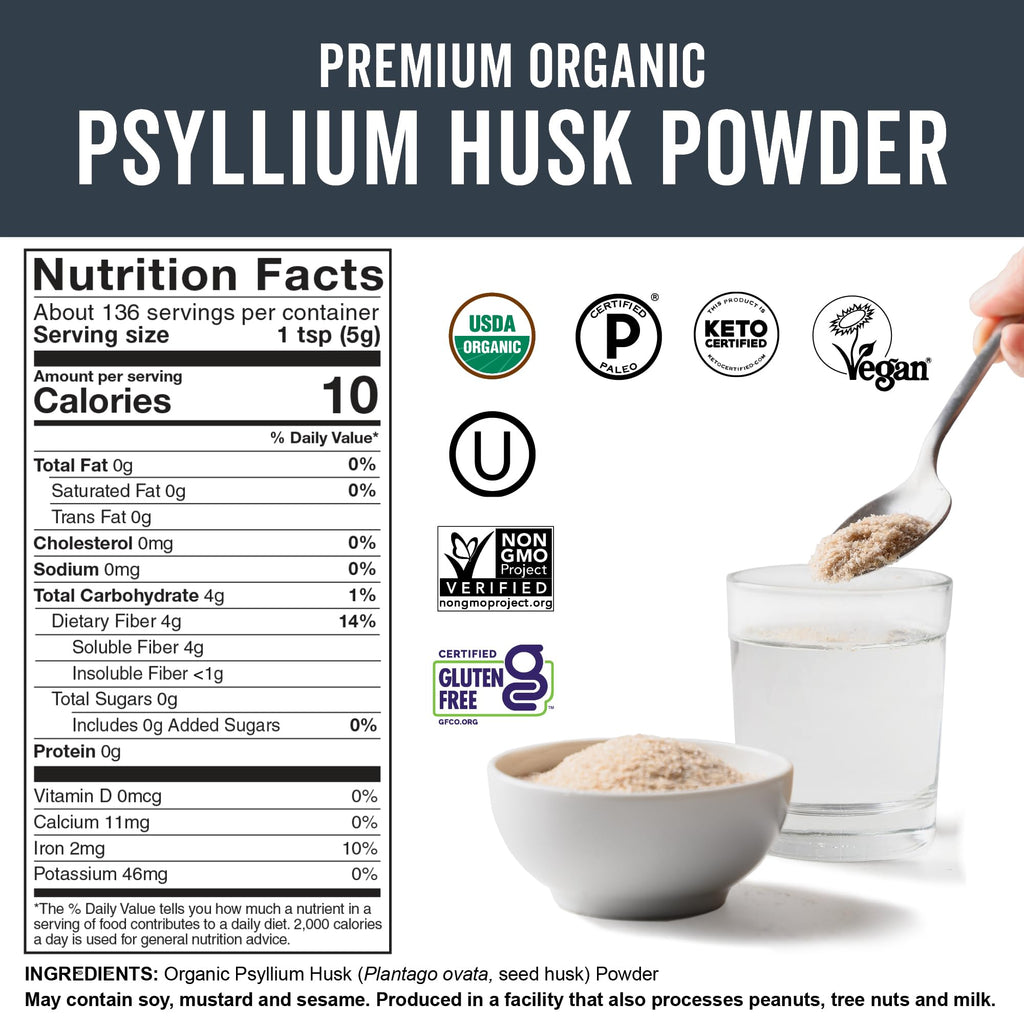 Viva Naturals Organic Psyllium Husk Powder, 24 oz – Finely Ground, Unflavored, Vegan, Keto, Paleo, Non-GMO Plant-Based Superfood, Good Source of Fiber for Gluten-Free Baking, Juices & Smoothies
