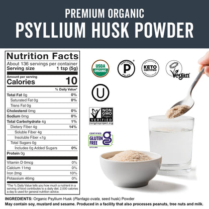 Viva Naturals Organic Psyllium Husk Powder, 24 oz – Finely Ground, Unflavored, Vegan, Keto, Paleo, Non-GMO Plant-Based Superfood, Good Source of Fiber for Gluten-Free Baking, Juices & Smoothies