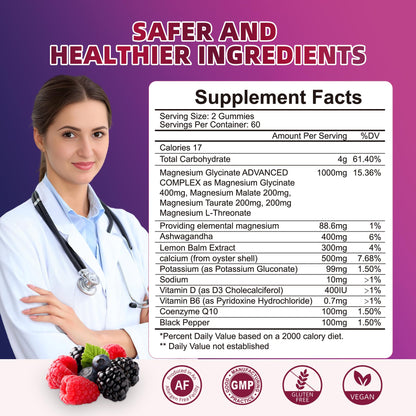 120 CT Magnesium Glycinate Gummies 1000 mg for Women and Men, Magnesium Malate & Taurate Supplements for Sleep, Body Support and Relaxation, Sugar Free