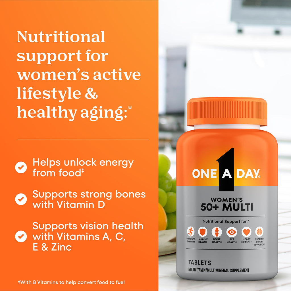 One A Day Multivitamin for Women 50 and Over Tablets, Womens Multivitamin 50 plus with Vitamins D, C, E, Zinc & Biotin, Daily Vitamins
