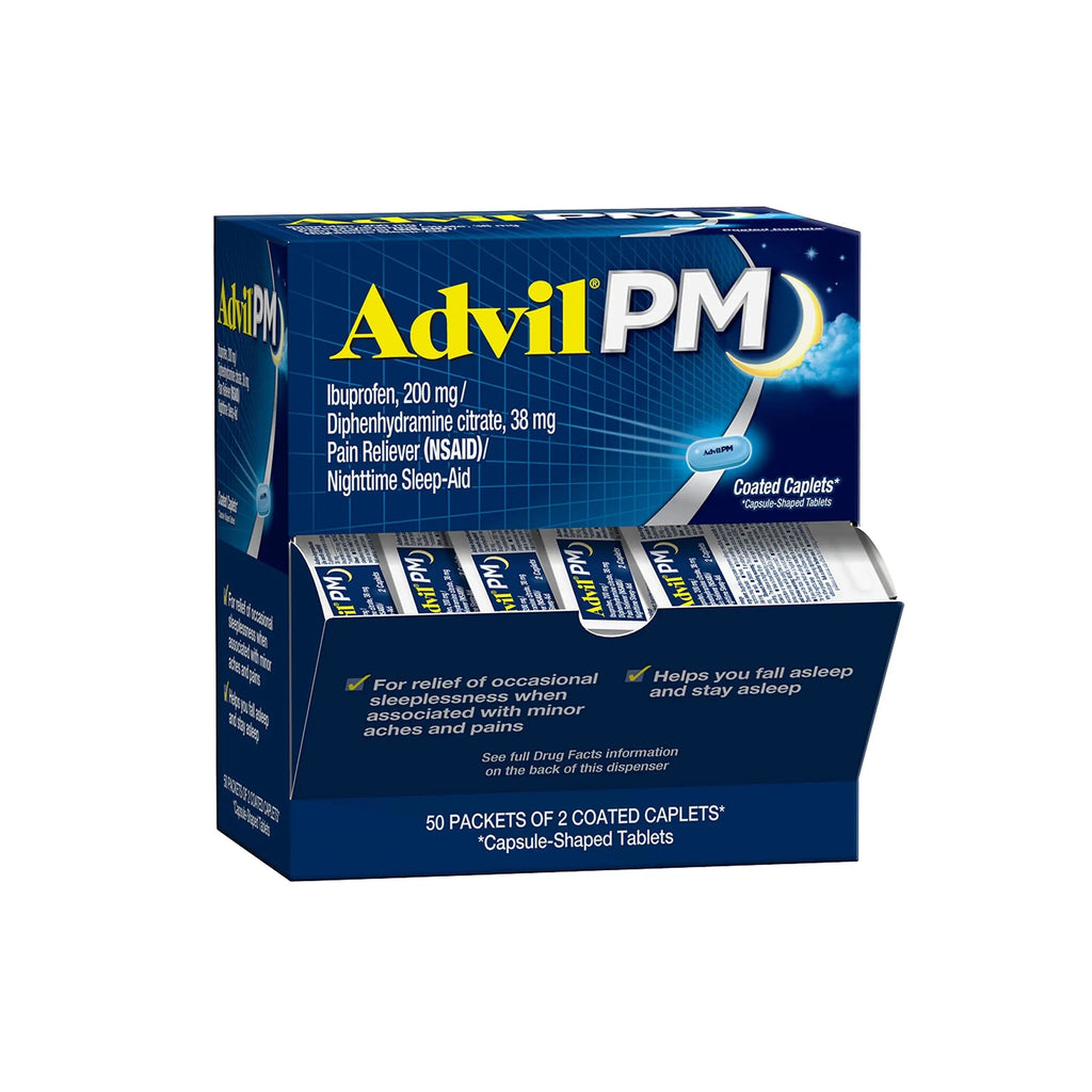 Advil PM Pain Reliever and Nighttime Sleep Aid, Pain Medicine with Ibuprofen for Pain Relief and Diphenhydramine Citrate for a Sleep Aid - 50x2 Coated Caplets AdvilBuy Supplements Australia