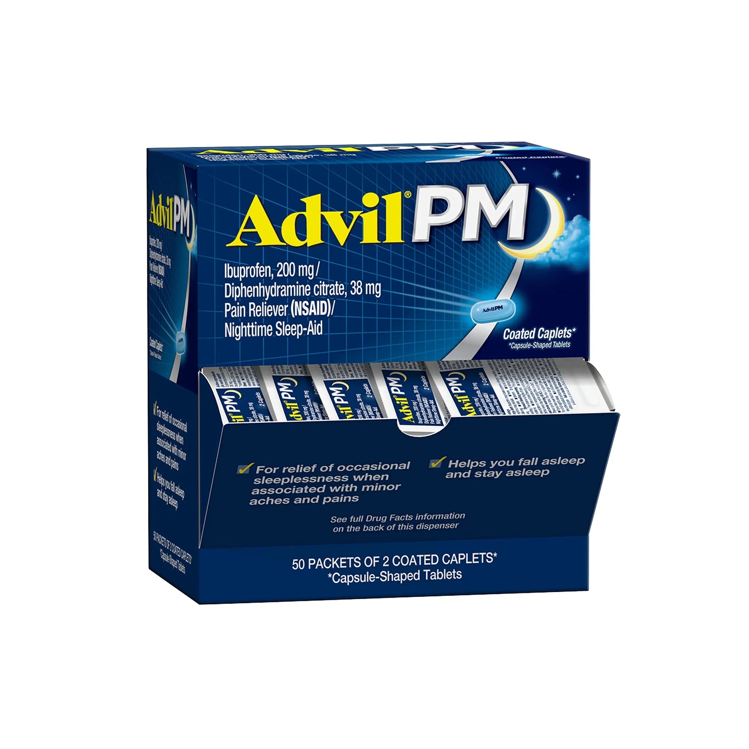 Advil PM Pain Reliever and Nighttime Sleep Aid, Pain Medicine with Ibuprofen for Pain Relief and Diphenhydramine Citrate for a Sleep Aid - 50x2 Coated Caplets AdvilBuy Supplements Australia