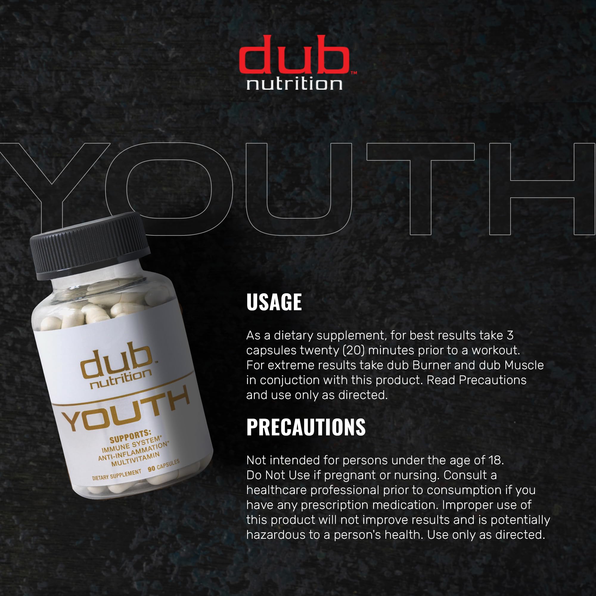 Dub Nutrition Youth - Formula with Acai, Resveratrol, Curcumin, Vitamins A, C, D, E, B12, and CoQ10 - Supports Immunity and Mobility - 90 Capsules Dub Nutrition buy supplements Au