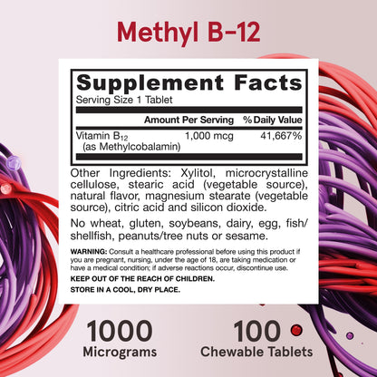 Jarrow Formulas Methyl Vitamin B-12 1000 mcg, 100 Chewable Tablets, Lemon Flavored- Bioactive B12 Vitamin - Supports Cellular Energy Production