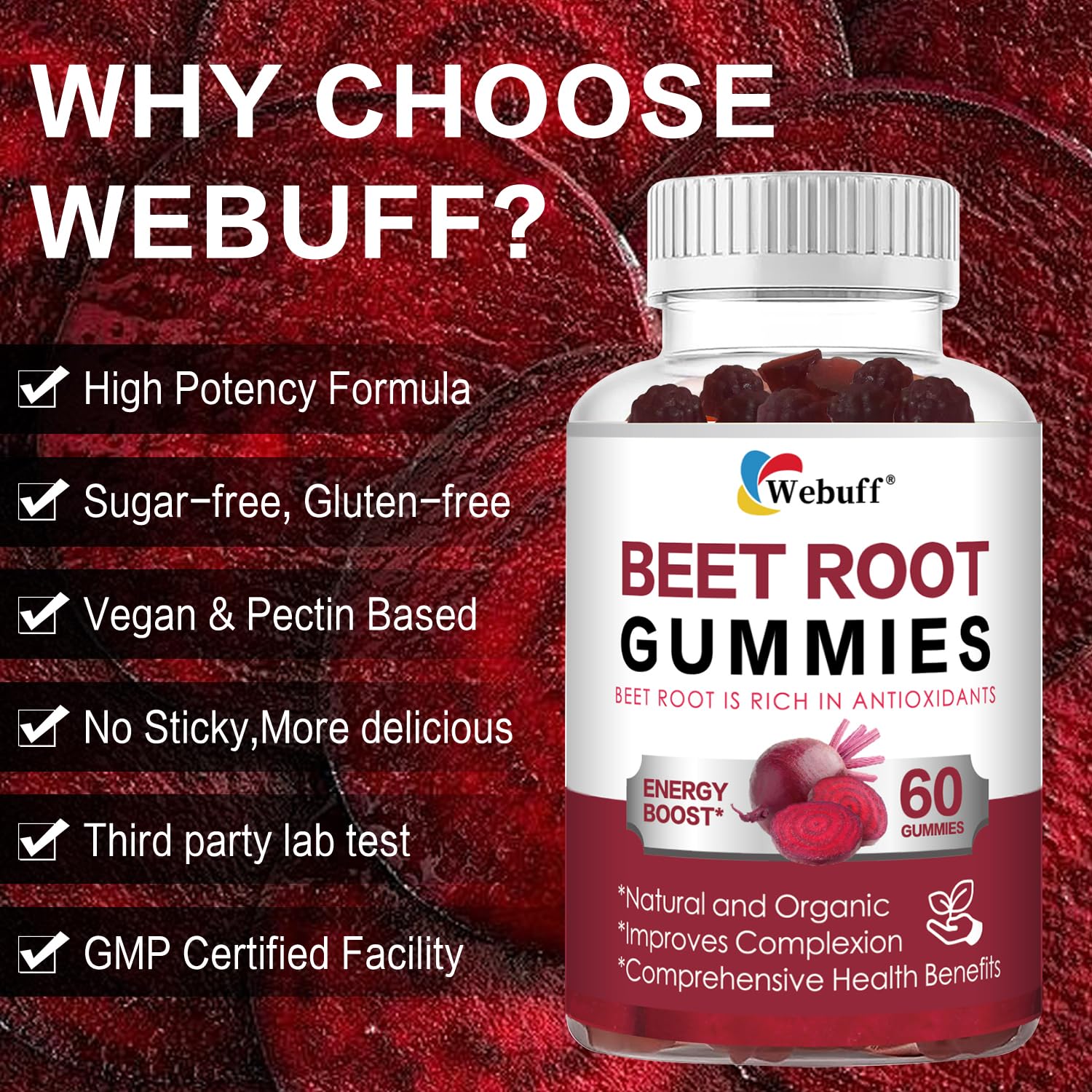Webuff Beet Root Gummies - Nitric Oxide Booster with Organic Beet, Pomegranate & Grape Seed, Vitamin B12 - Energy, Circulation & Heart Health Support, Vegan, Non-GMO, 60 Count (Pack of 1) Webuff buy supplements Au
