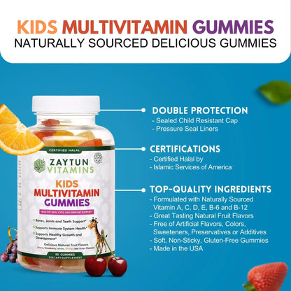 Zaytun Halal Vitamins for Kids Multivitamin Gummies, Naturally Sourced Vitamin A, C, D, E, B6, B12, Biotin - Vegetarian, No Gelatin Zaytun Vitamins
