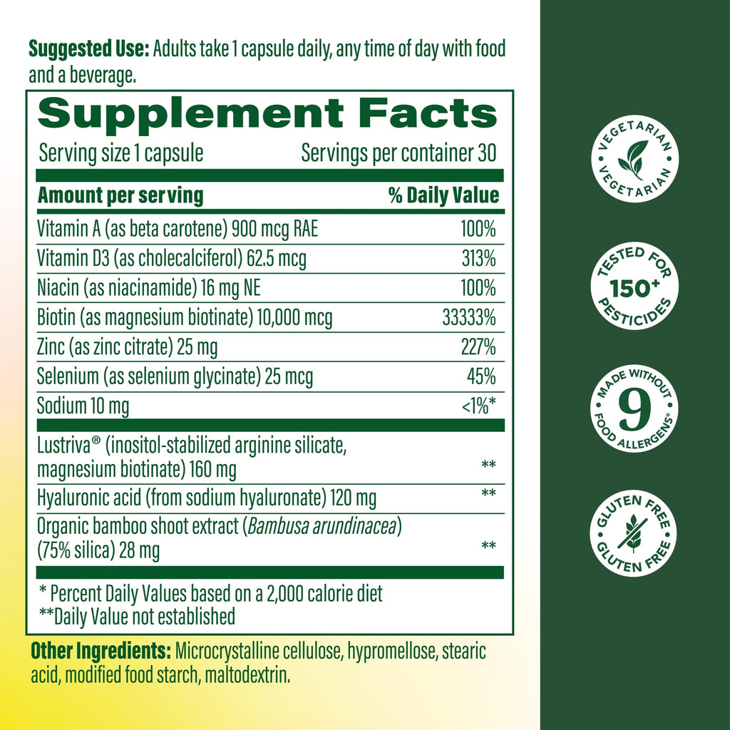 MegaFood Hair Growth – Clinically Studied Lustriva & Hyaluronic Acid - Biotin 10000mcg, Thicker & Fuller Existing Hair Growth Vitamins - 30 Vegetarian Capsules, 30 Servings MegaFood buy supplements Au