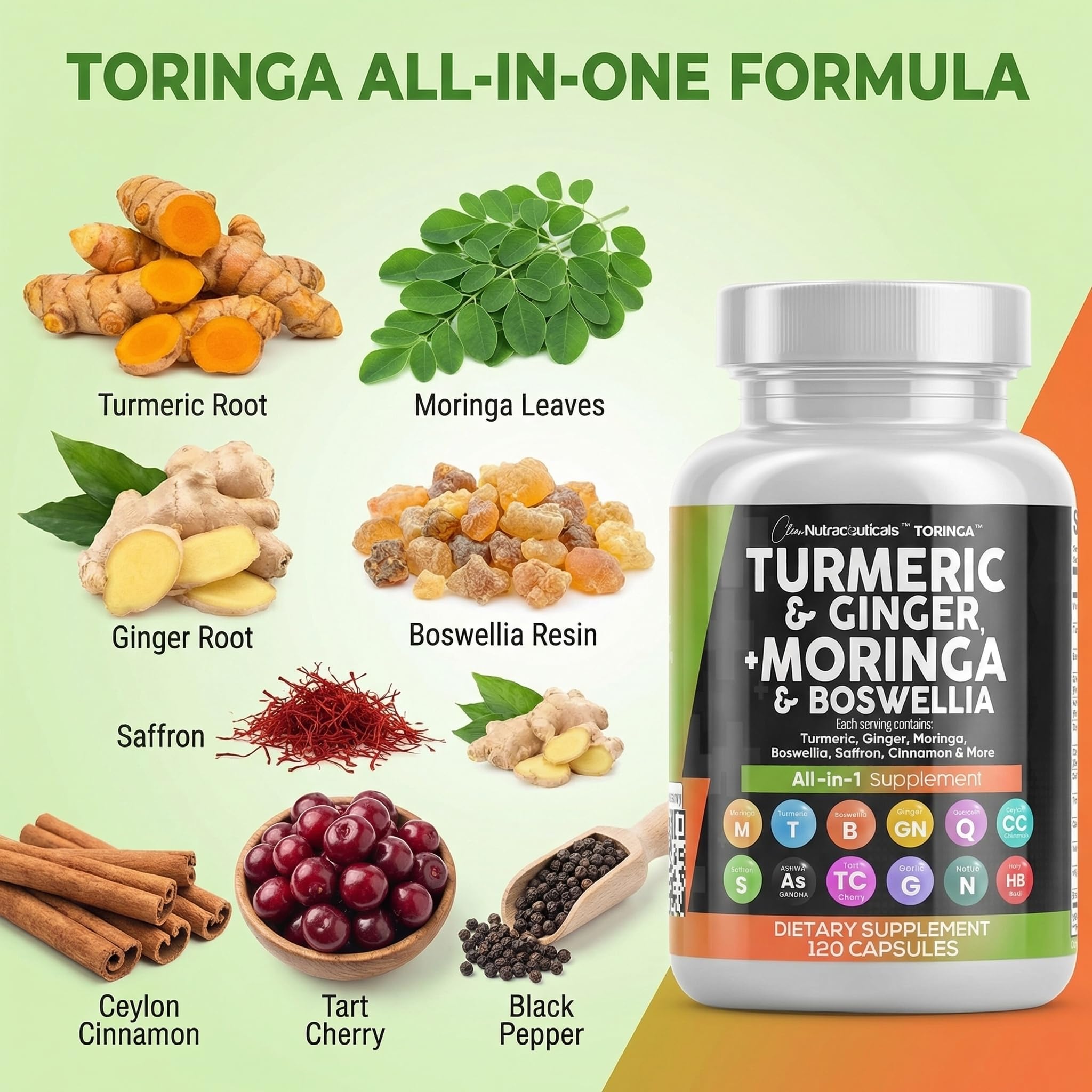 Clean Nutraceuticals Turmeric Moringa Supplement | Ginger Boswellia Saffron - Supplement for Women and Men with Ceylon Cinnamon