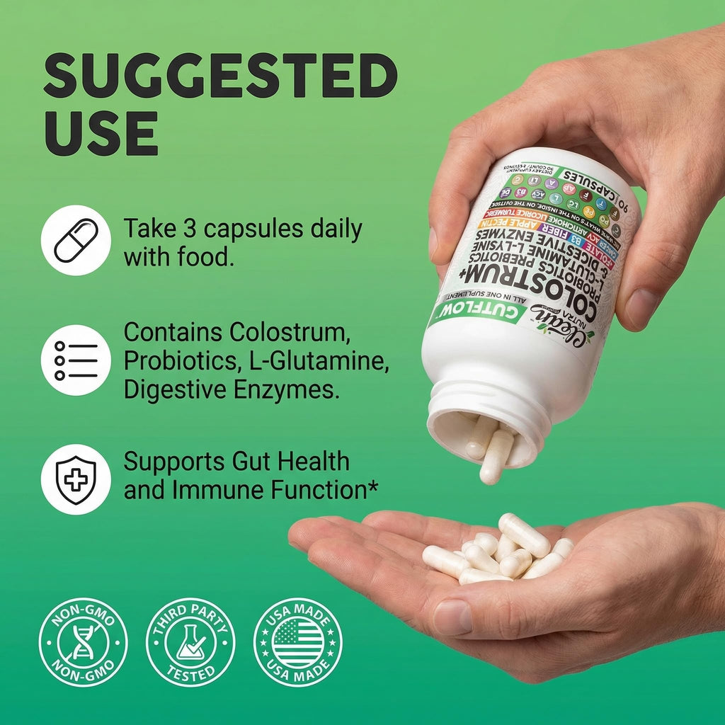 Clean Nutraceuticals Colostrum Supplement Capsules Probiotics Pills Prebiotics, L-Glutamine, Digestive Enzymes, Folate, Fiber, ACV, Turmeric, Apple Pectin and Turmeric Pills