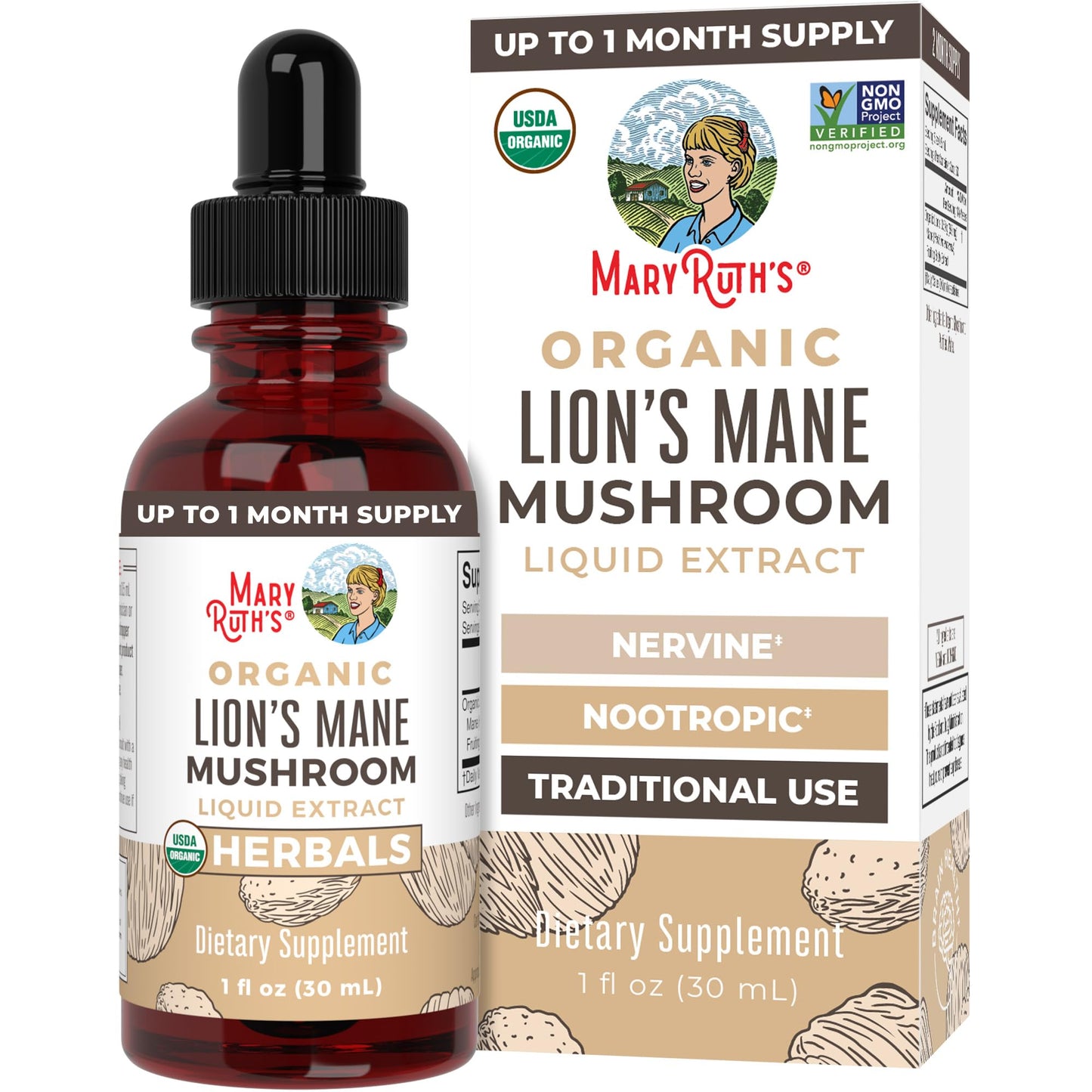 MaryRuth Organics Lions Mane Mushroom Supplement, Up to 1 Month Supply, Nootropic USDA Organic Lions Mane Extract Nervine Herbal Liquid Drops, Brain Health Non-GMO