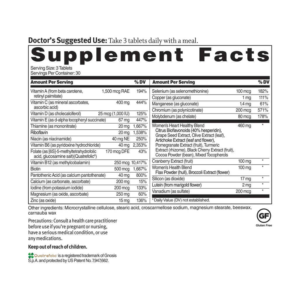 Dr. Sinatra Heart Healthy Multivitamin for Women with Vitamin D 1000 IU, A, B12, C, E, Biotin, Folate, and Zinc, 90 Tablets (30-Day Supply) Dr. Sinatra