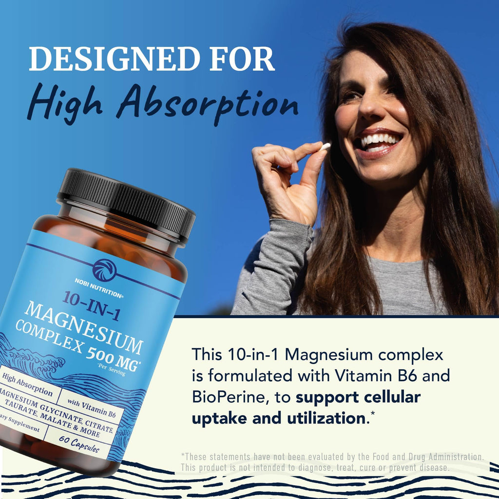 10 in 1 Magnesium Complex Supplement 500MG | Magnesium Citrate, Mag Glycinate, Malate & More | High Absorption Mag Complex with Vitamin B6 | Bone, Muscle & Heart Health Support | Non-GMO | 60 Ct. Nobi Nutrition buy supplements Au
