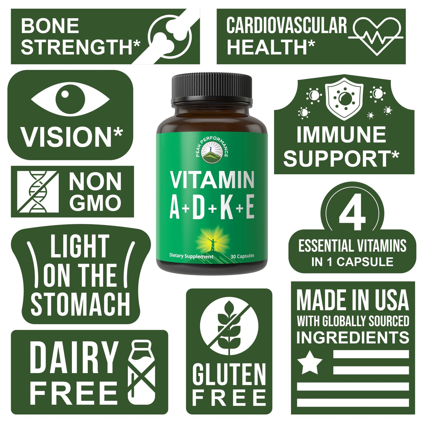 Peak Performance Vitamins D 5,000 iu + A + K + E All in 1 Easy to Swallow Vegan Capsule. ADK Vitamin Supplement with E D3 K2. Essential Vitamins for Mood