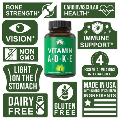 Peak Performance Vitamins D 5,000 iu + A + K + E All in 1 Easy to Swallow Vegan Capsule. ADK Vitamin Supplement with E D3 K2. Essential Vitamins for Mood