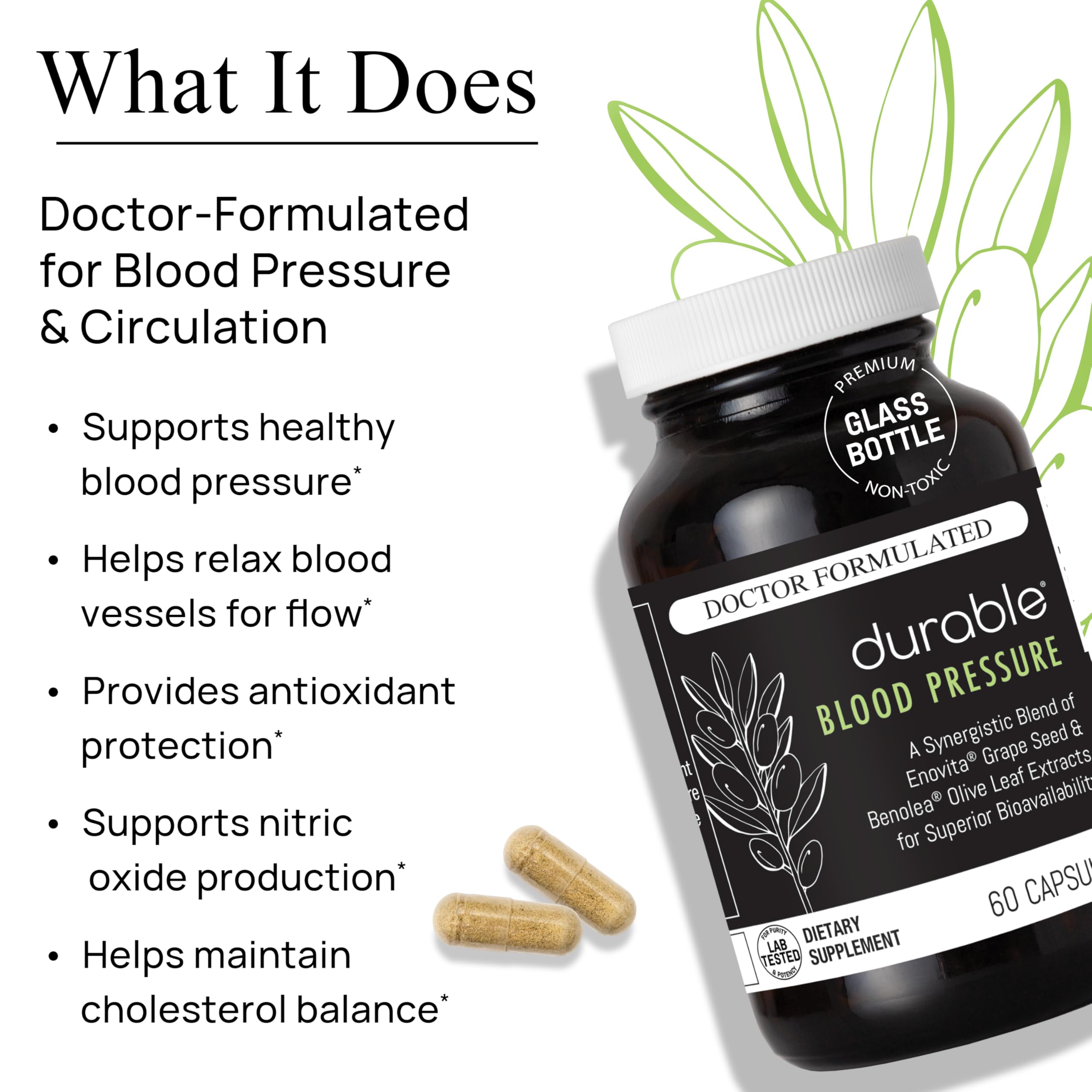 Durable Blood Pressure – Benolea Olive Leaf & Enovita Grape Seed Extract – Healthy Circulation, Nitric Oxide & Artery Support – Doctor Formulated, Vegan, Non-GMO, Made in USA (60 Capsules) DurableBuy Supplements Australia