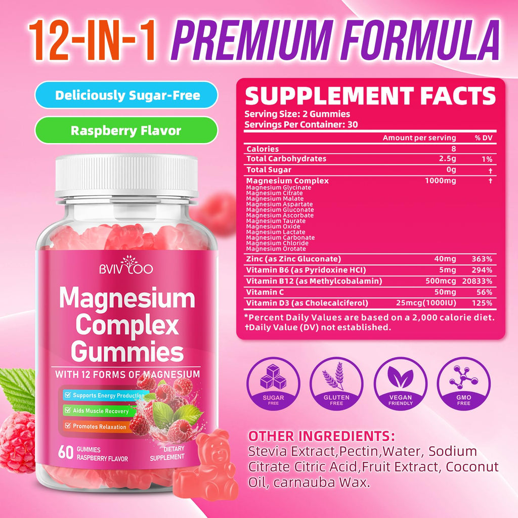 2 Pack Magnesium Complex Gummies – with 12 Forms of Magnesium Plus Vitamins B6, B12 & C. Vegan Strawberry Gummies to Support Mood, for Adults, 120 Count BVIVLOO buy supplements Au