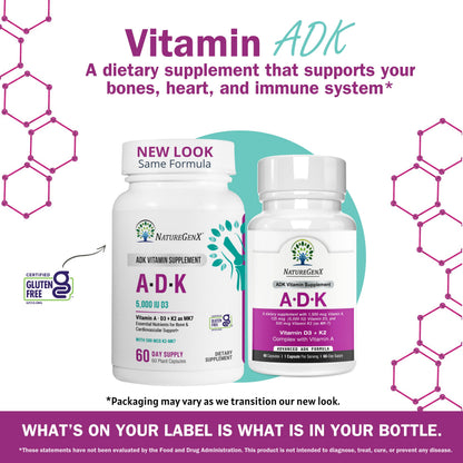 NatureGenX ADK Vitamin Supplement – Vitamins A, D3 & K2 MK-7 for Bone Health & Calcium Absorption – Gluten-Free, Non-GMO, Soy-Free