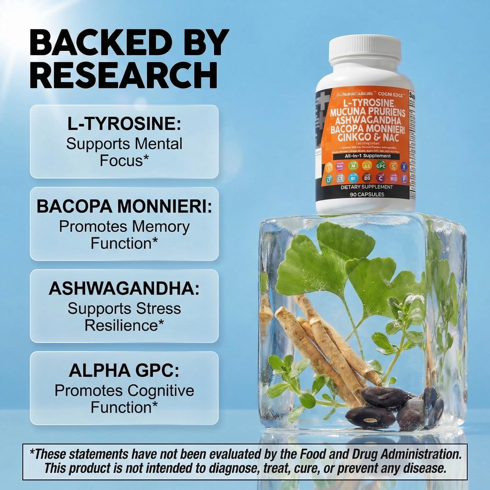 Clean Nutraceuticals L Tyrosine Mucuna Pruriens Bacopa Monnieri Ashwagandha Focus Supplement w/N-Acetyl Cysteine NAC 5-HTP Ginkgo Biloba Alpha GPC Vitamin C D B1 B12 Clean NutraceuticalsBuy Supplements Australia