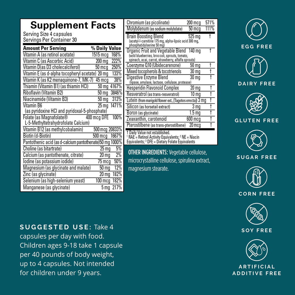BRAINMD Dr Amen NeuroVite Plus - 120 Capsules - Multivitamin & Mineral Supplement, Enhanced with Phytonutrients, Enzymes & Whole Foods - Gluten Free - 30 Servings BRAINMDBuy Supplements Australia