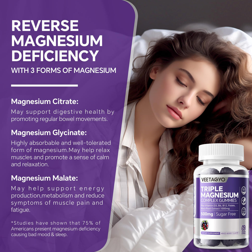 VEETAGYO Magnesium Gummies 500mg 400mg | High Absorption, Bone, Nerves, Muscle | 3 Forms of Magnesium Complex Supplement Glycinate,Taurate,Malate