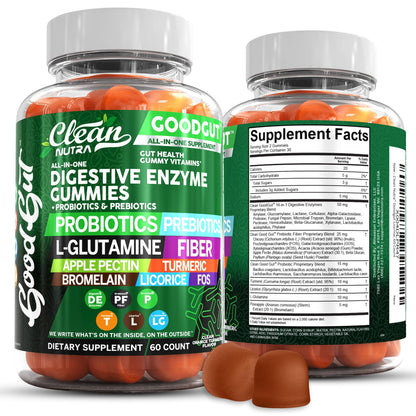 Clean Nutraceuticals Digestive Enzymes with Probiotics & Prebiotics for Digestive Health Gummies & L-Glutamine for Gut Health Bromelain Apple Pectin Inulin FOS Plant
