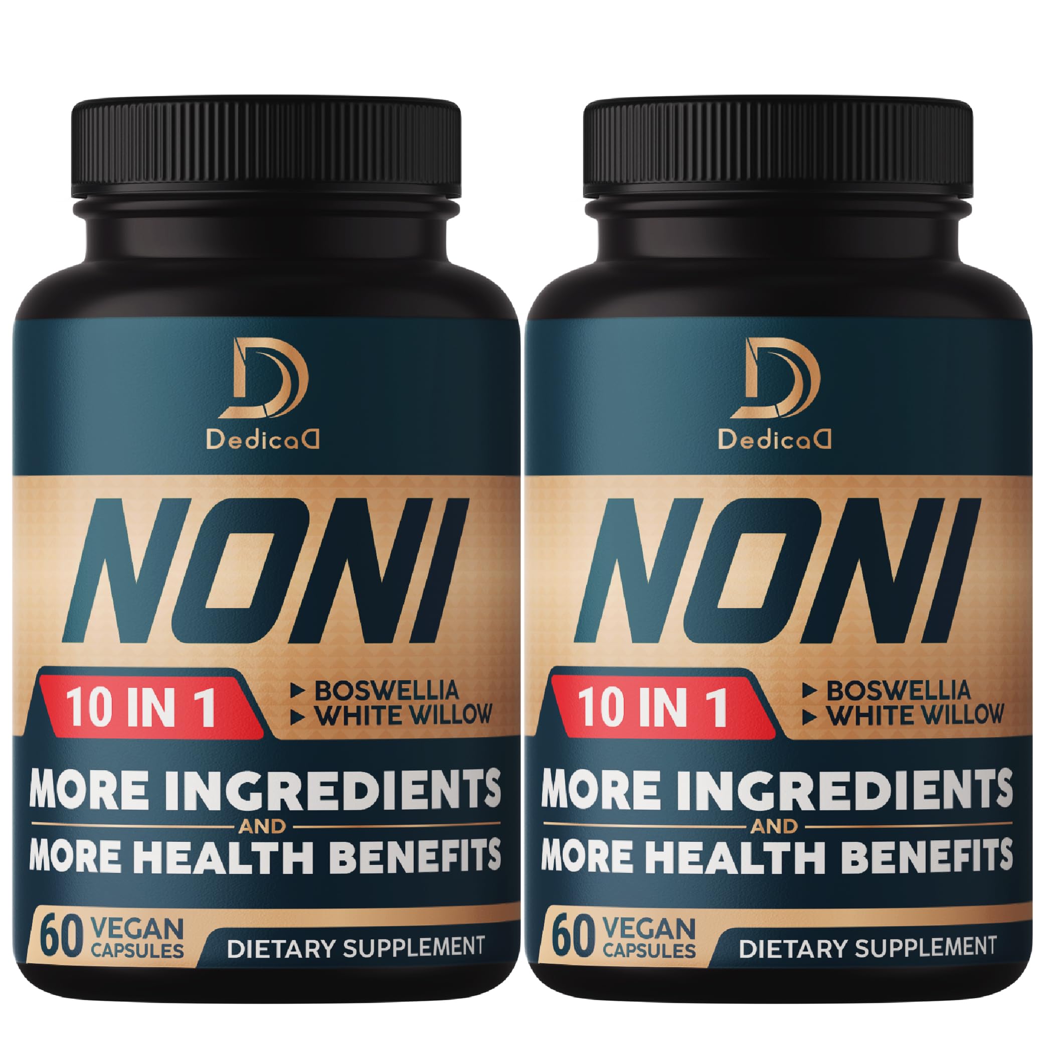 Two bottles of Dedica Noni dietary supplement on a white background
