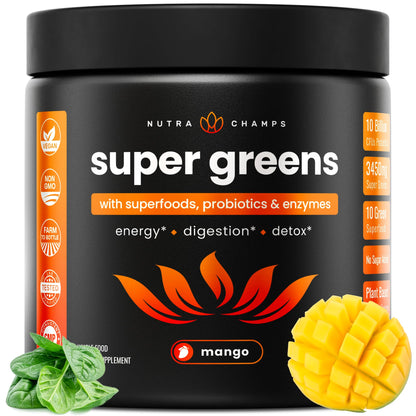 NutraChamps Super Greens Powder Premium Superfood | 20+ Organic Green Veggie Whole Foods | Wheat Grass, Spirulina, Chlorella | Antioxidant, Digestive Enzyme